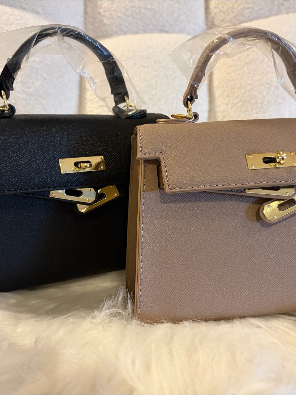 Mini Top-Handle Bag in Black and Taupe with Gold Hardware